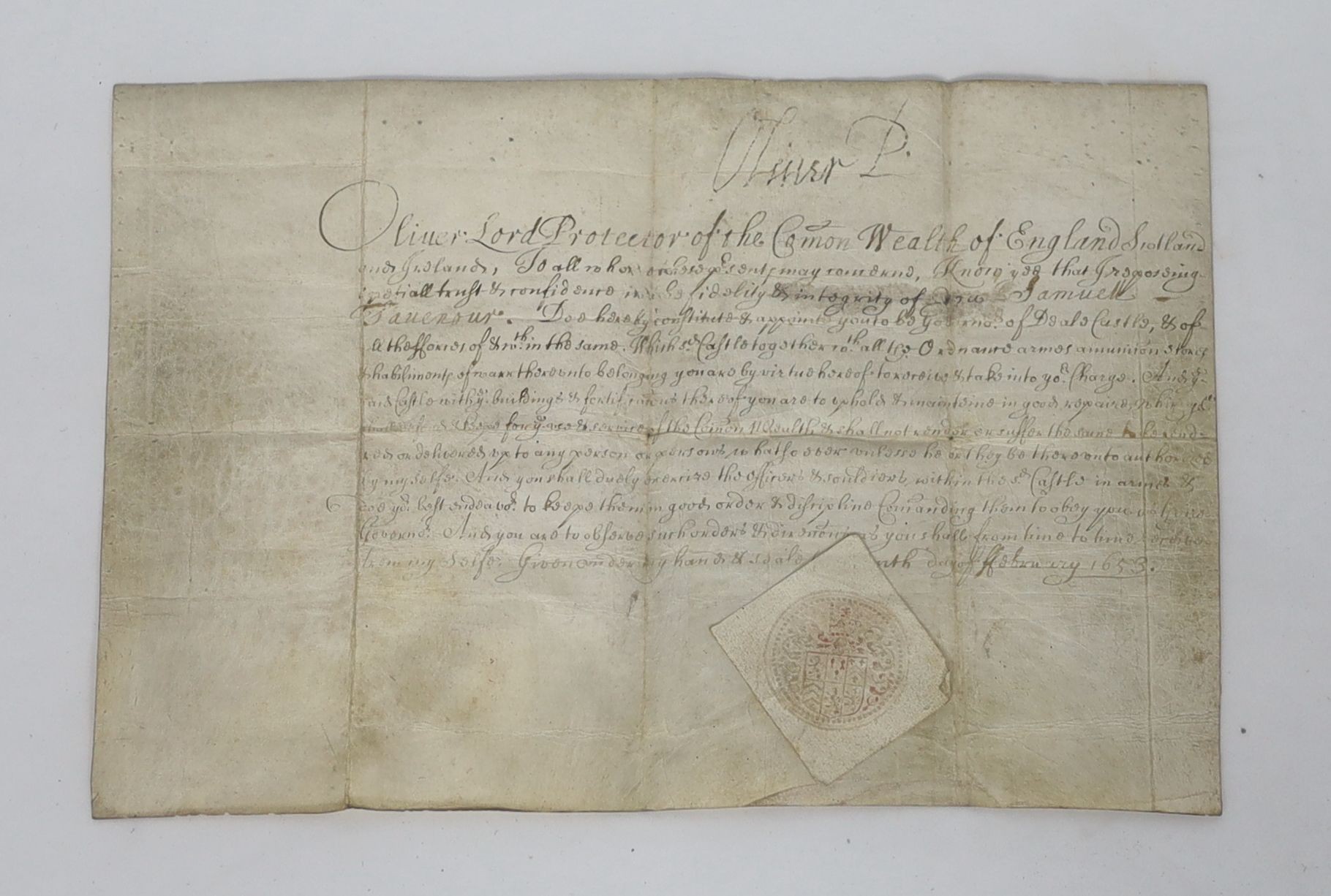 From the Dering Surrenden collection - A commission appointing Samuel Tavenour as governor of Deal Castle, 1654, bears the sign manual of Oliver Cromwell as Lord Protector – Oliver P. Commission of Samuel Tavenour as gov